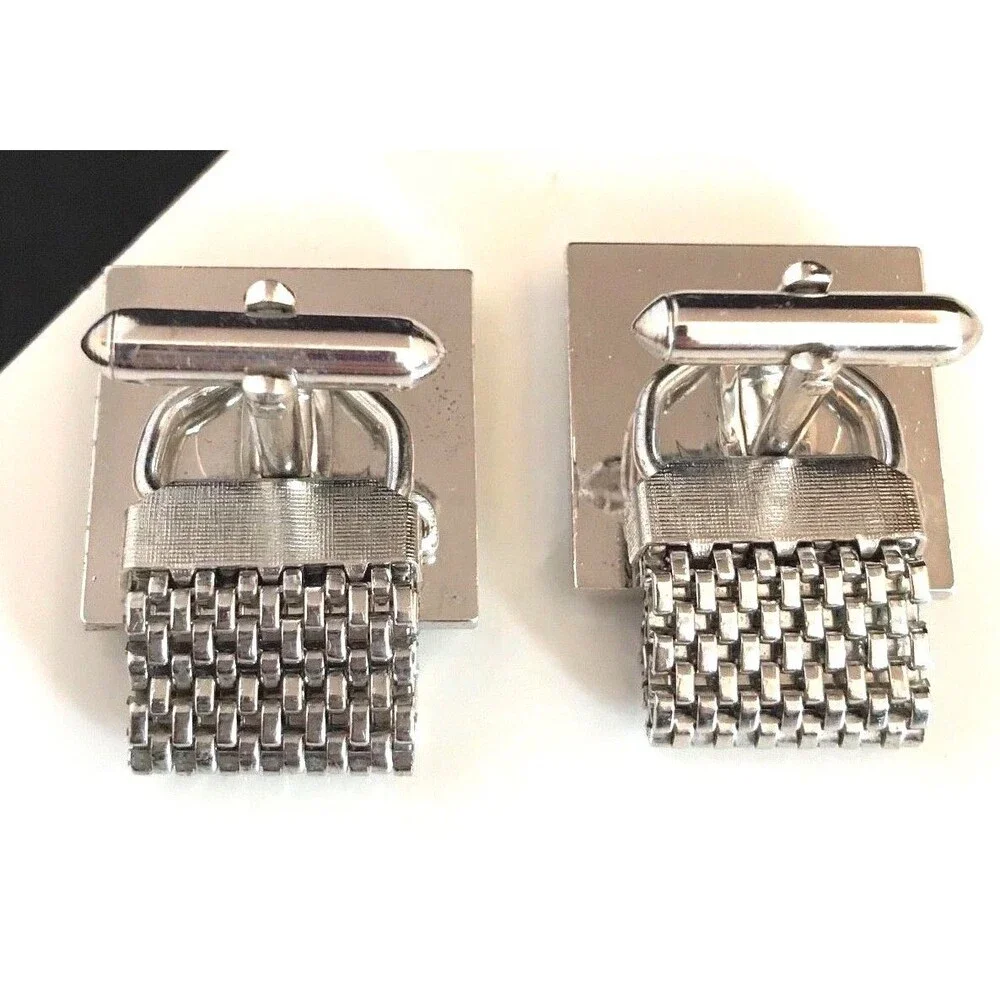 Vintage 1960s Square Cufflinks Silver Tone Brushed Finish Mesh Mid Century - 3B
